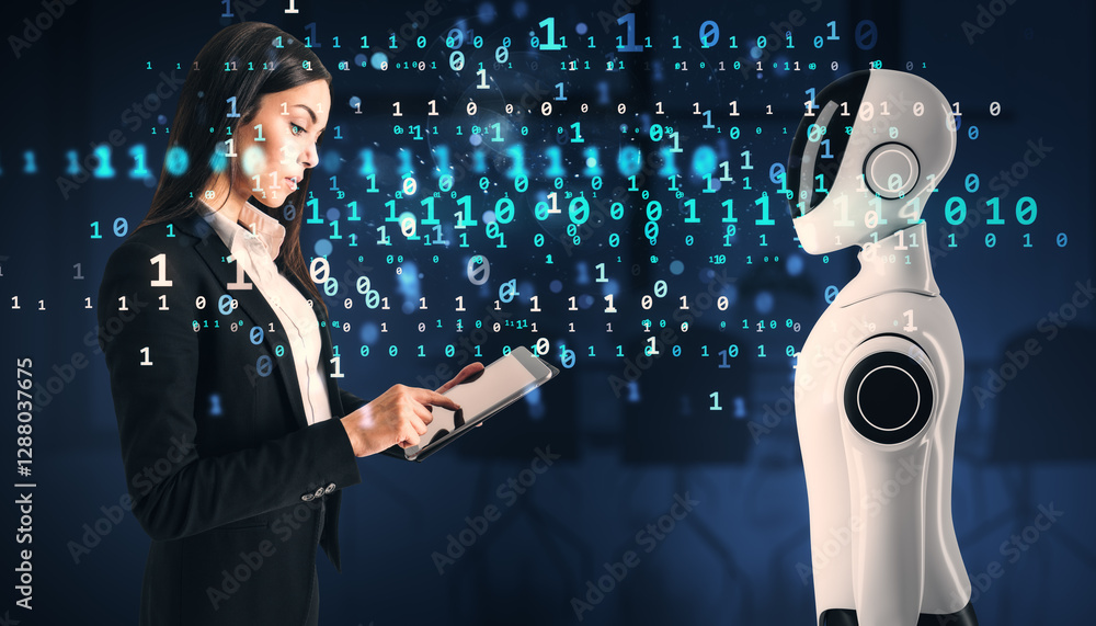 Poster businesswoman interacting with humanoid robot using tablet in digital environment.