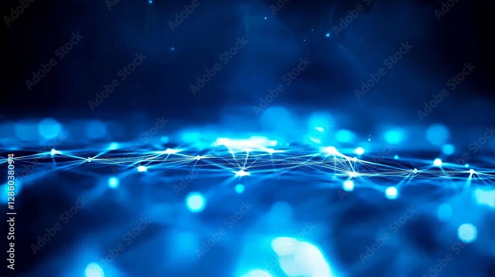 Poster the background features an abstract blue design with a grid network and interconnected particles, la