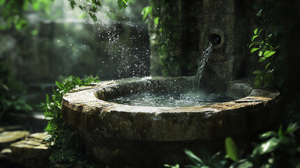 Serene fountain surrounded by lush greenery.