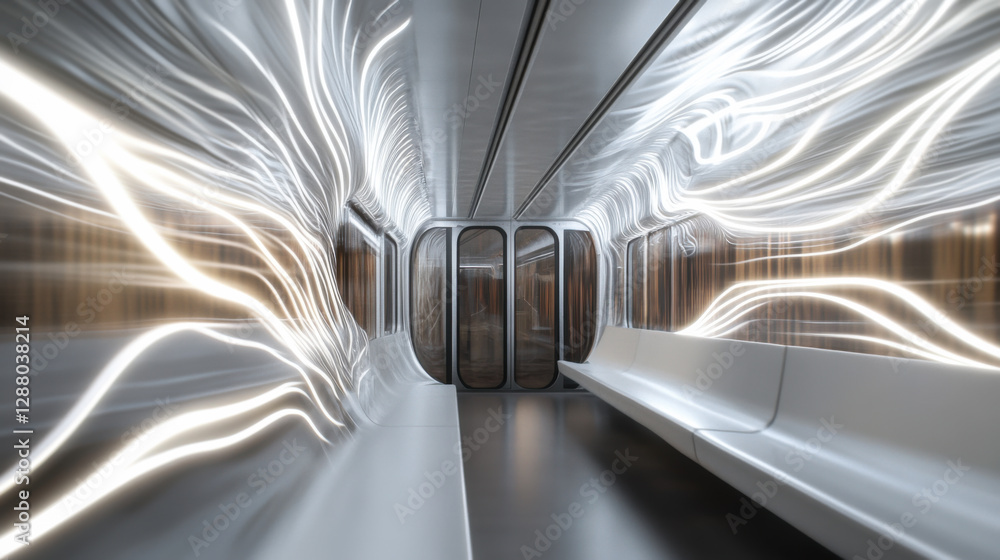 Poster futuristic interior of an empty subway train with glowing light patterns in motion