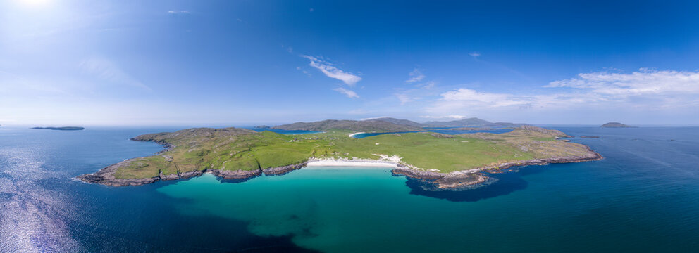 Aerial view of Bagh A'Deas beach on the Isle of Vatersay, Scotland