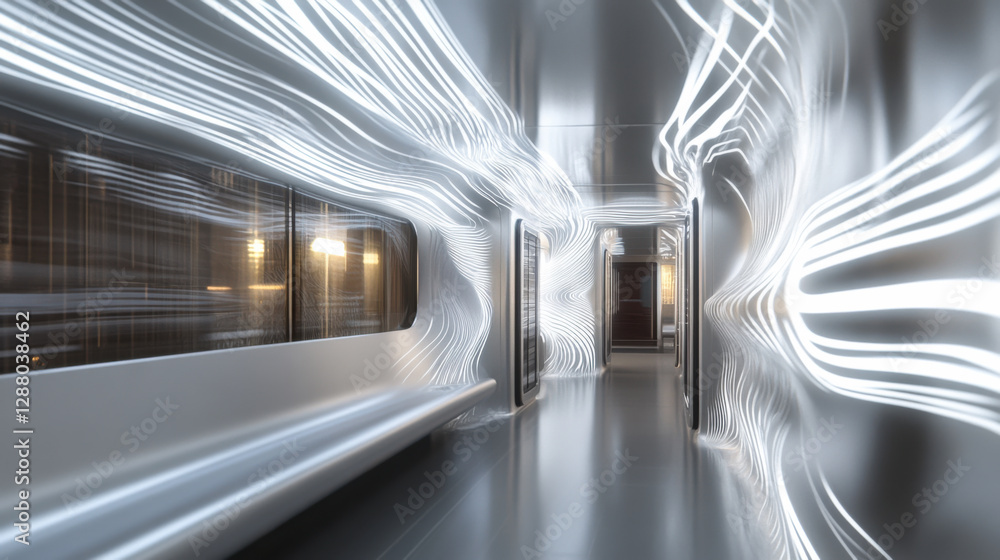 Poster futuristic interior of an empty subway train with glowing light patterns in motion