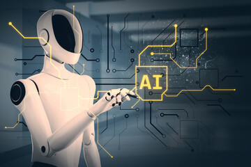 Futuristic humanoid robot interacting with AI digital interface, glowing circuit board elements,...