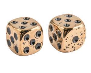 Isolated Pair of Gold Dice with Black Dots
