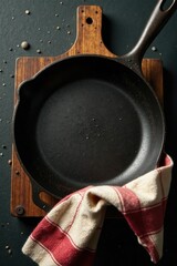 Vintage forged carbon steel frying pan with napkin covering the rim, vintage, rusty, metallic