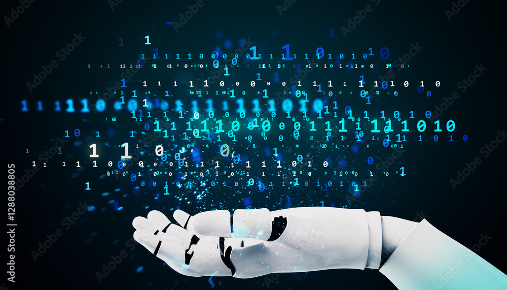 Poster Futuristic robotic hand displaying floating binary code in a digital network background. 3D Rendering