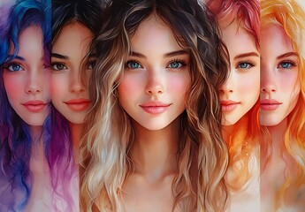 Obraz premium Three Women with Vibrant Wavy Hair in Purple Blonde and Orange Shades