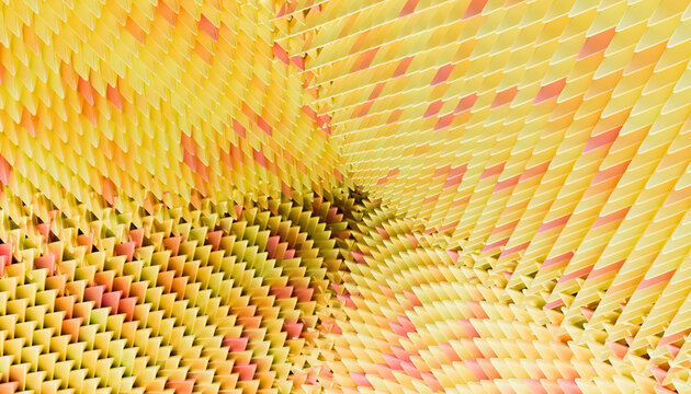 Abstract 3D render with a spiral pattern of yellow and orange triangles