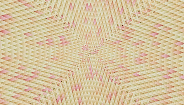 Abstract 3D render with a spiral pattern of yellow and orange triangles