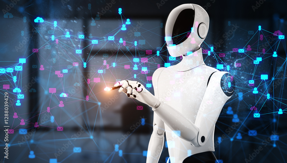 Poster futuristic humanoid robot interacting with a digital social network.