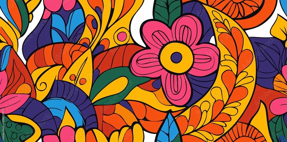 Poster the design of this retro psychedelic floral background art features a vintage flower seamless patter