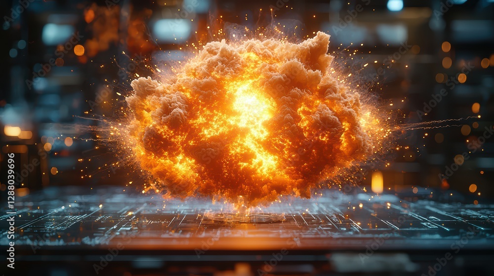 Poster fiery explosion on circuit board in futuristic setting