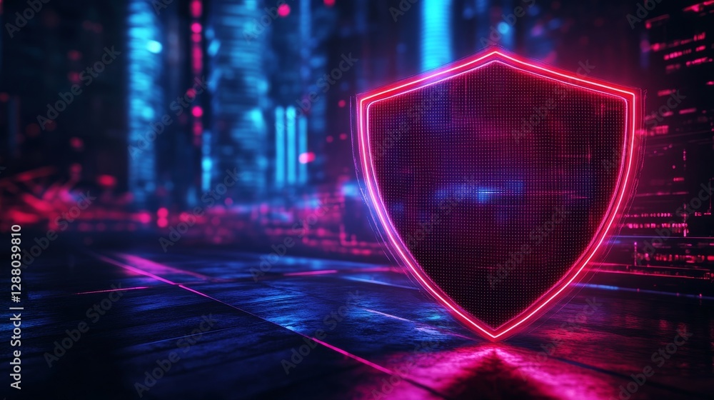 Poster futuristic neon shield with digital background in vivid colors, representing cybersecurity. protecti