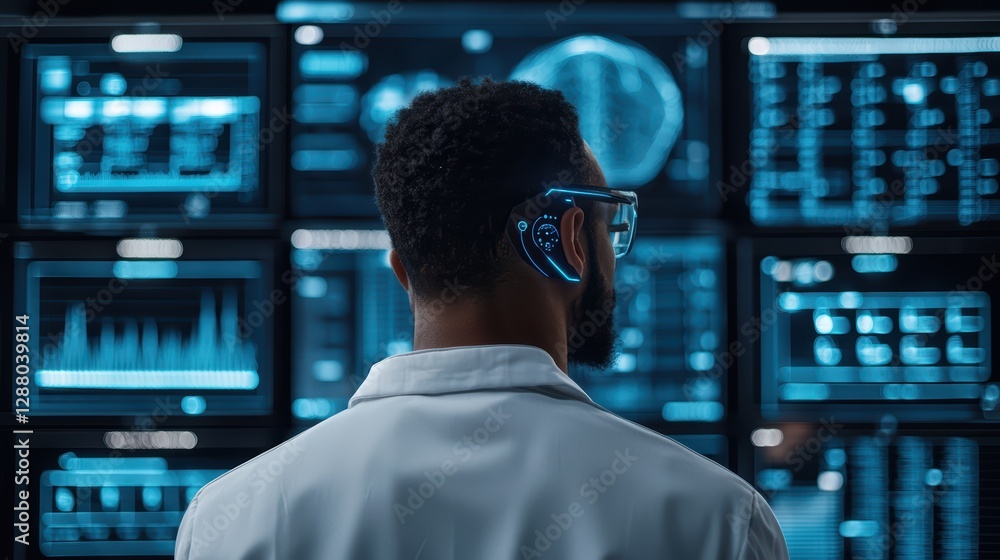 Poster african male scientist analyzing data with augmented reality glasses in high-tech lab