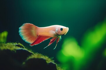 The betta fish's bright white body provides a striking backdrop that highlights the vibrancy of its red tail, creating a visually stunning multicolored fish, also known as the Siamese fighting fish