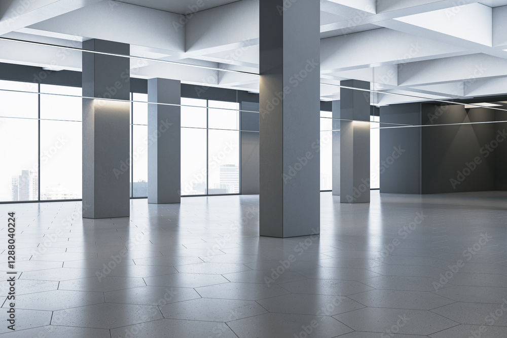 Poster spacious modern interior with large windows and grey pillars. 3d rendering
