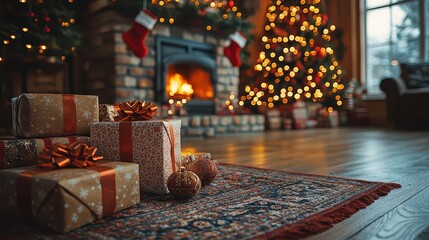 Fototapeta premium Cozy christmas living room scene with fireplace, decorated tree, and wrapped gifts