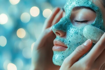 Woman applying a soothing, green facial mask with a jade roller for a relaxing skincare routine.