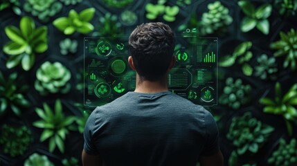 Young adult caucasian male interacting with futuristic green technology interface amidst vertical garden