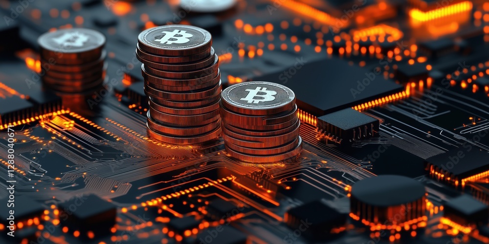 Poster bitcoin stacks on circuit board background representing cryptocurrency technology and finance