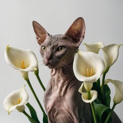 A Sphynx cat sitting gracefully among elegant calla lilies, white background.