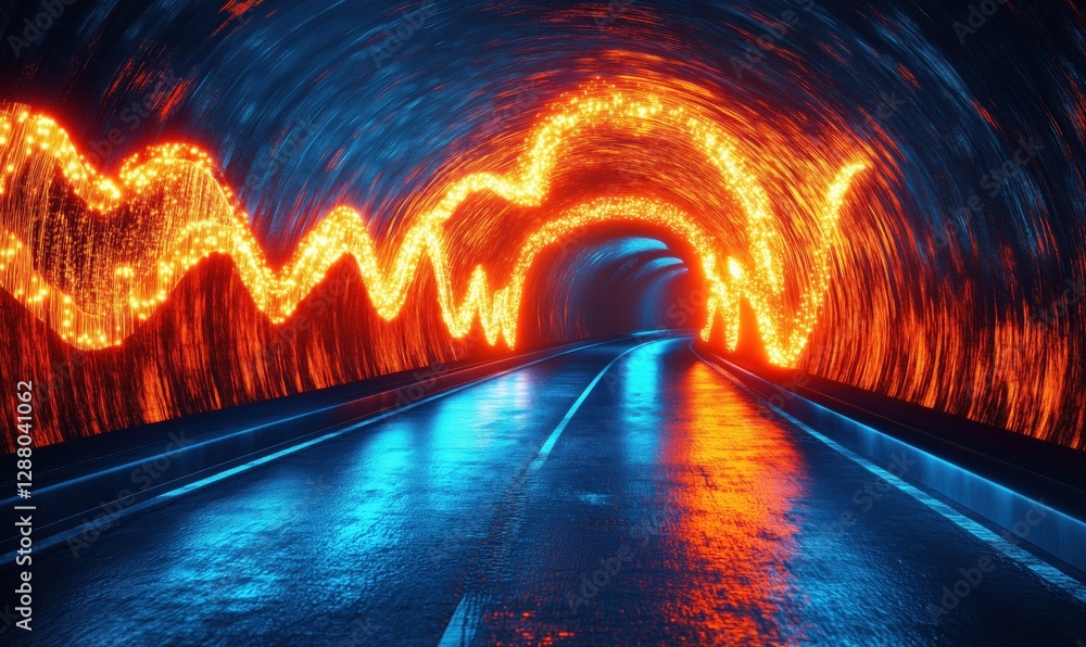 Poster vibrant illuminated tunnel with glowing wave patterns and reflective wet road surface