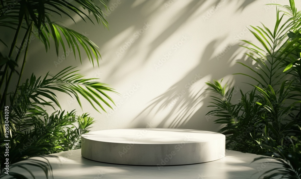 Poster minimalist display platform surrounded by lush greenery and soft shadows