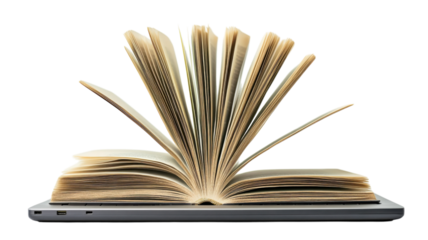 Open book resting on a laptop keyboard symbolizing the integration of traditional reading and modern technology