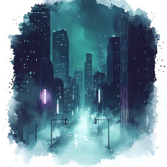 Teal Cyberpunk City Nightscape With Fog