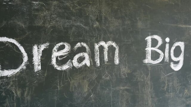 Static video in ambient light, the word dream big in chalkboard style written in white, on a homogeneous black chalkboard background, with smudged chalk