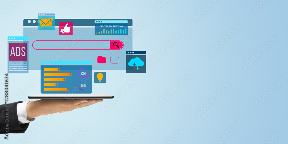 Poster Digital marketing concept with floating UI elements and analytics on a tablet.