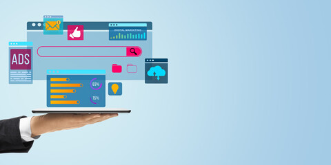 Digital marketing concept with floating UI elements and analytics on a tablet.