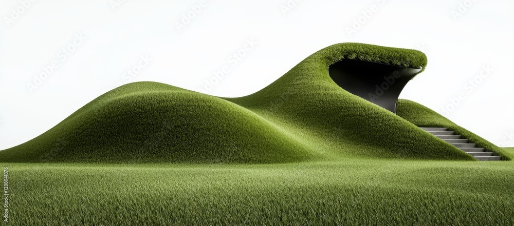 Poster hills featuring grass and dandelions, presented as a 3d rendering on a transparent background