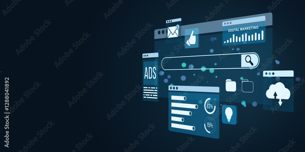 Poster Digital marketing and online advertising interface with holographic web elements. 3D Rendering