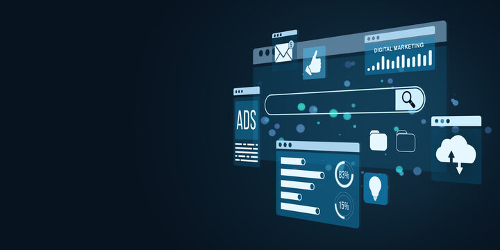Digital marketing and online advertising interface with holographic web elements. 3D Rendering