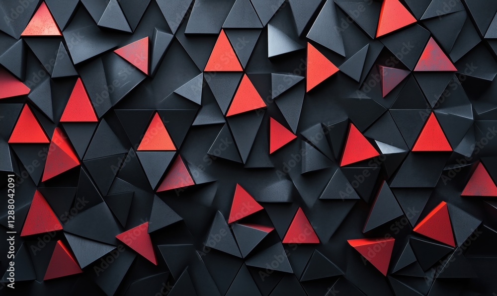 Poster geometric abstract background with black and red triangular shapes in 3d arrangement