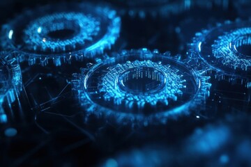modern innovation concept featuring translucent glass gears interlocking with floating binary code, bathed in soft blue technological glow against dark backdrop