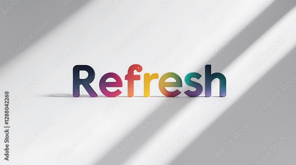 Poster colorful typography spelling refresh with soft shadows in a minimal setting