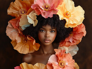 Woman adorned with vibrant flowers in a serene setting