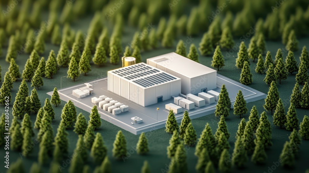 Poster modern solar-powered factory amidst pine trees in dense forest setting