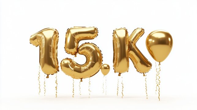 Gold balloons forming 15k celebration on white background