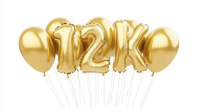 Golden 12k celebration balloons on white background