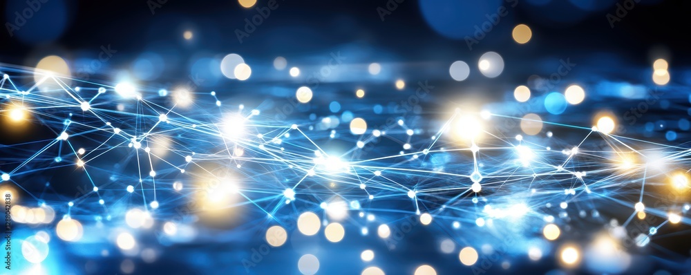 Poster abstract digital network with glowing nodes and connections on dark blue background