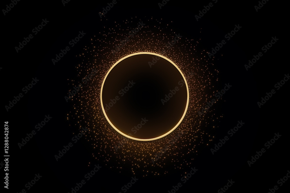 Poster Luxury golden glowing circular frame with sparkling particles on black background. Elegant modern design for banner, poster, or digital template. 3D Rendering