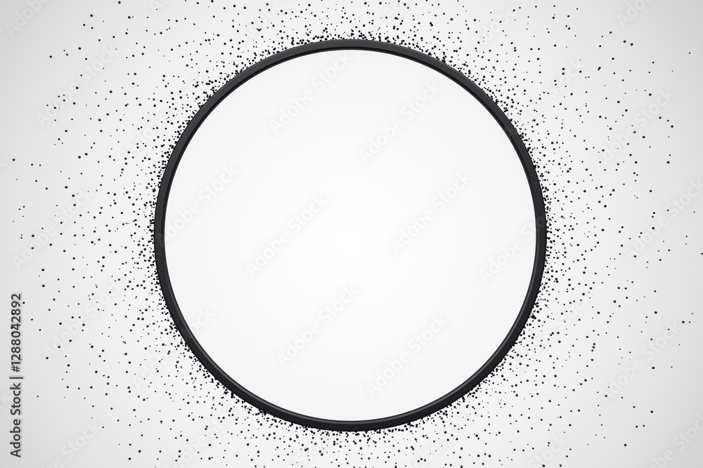 Poster Abstract circular frame with black particles on light grey background. 3D Rendering