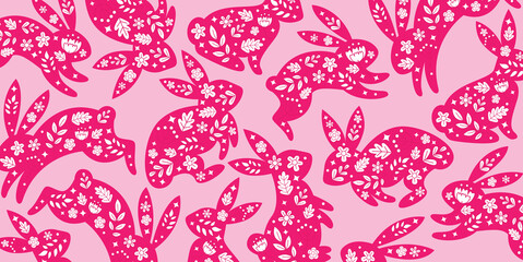 Hand drawn pink rabbit and flowers pattern vector background