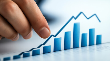 Business growth strategy represented by a hand pointing towards an upward trend in a financial graph in a corporate office setting