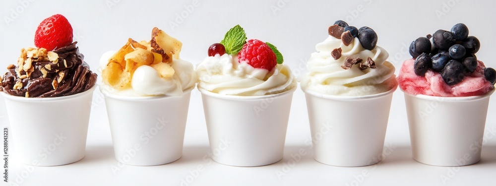 Aufkleber colorful display of multiple ice cream cups with various toppings and flavors on a white background