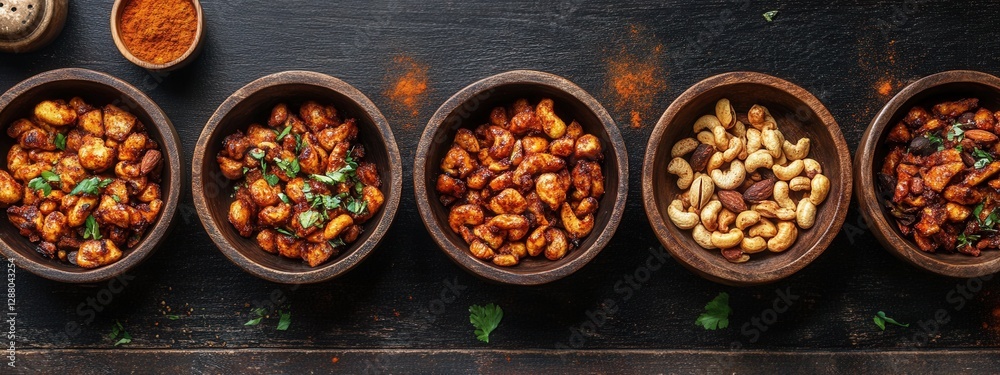 Poster assorted spices and nuts in rustic bowls on dark wooden table with vibrant colors and textures
