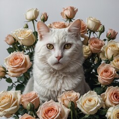A hyper-realistic cat sitting in a bouquet of roses with soft shadows, pure white background.